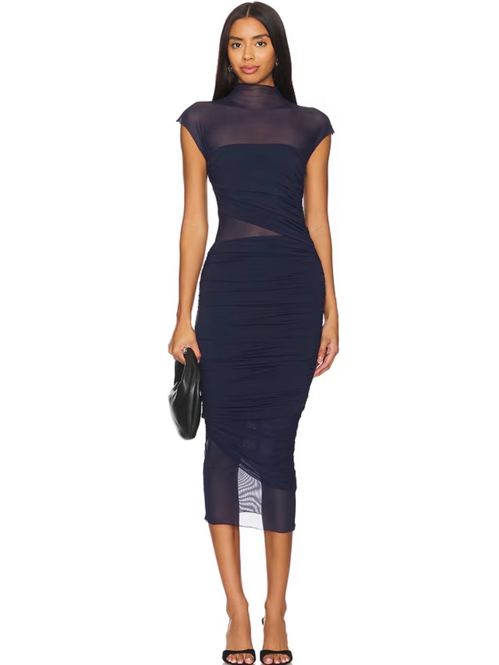 Elegant Navy Mesh Midi Dress with Ruched Wrap Detail